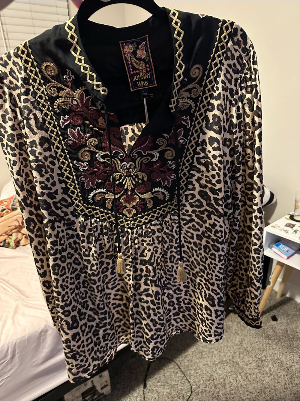 Johnny Was Leopard-Print Embroidered Peasant Blouse in Beige, Black and Gold
